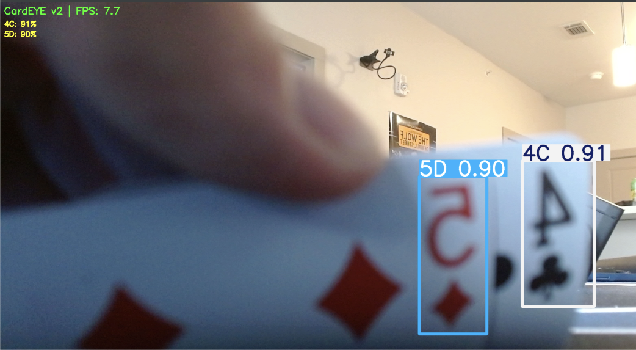 CardEYE detecting a 5 of Diamonds and 4 of Clubs